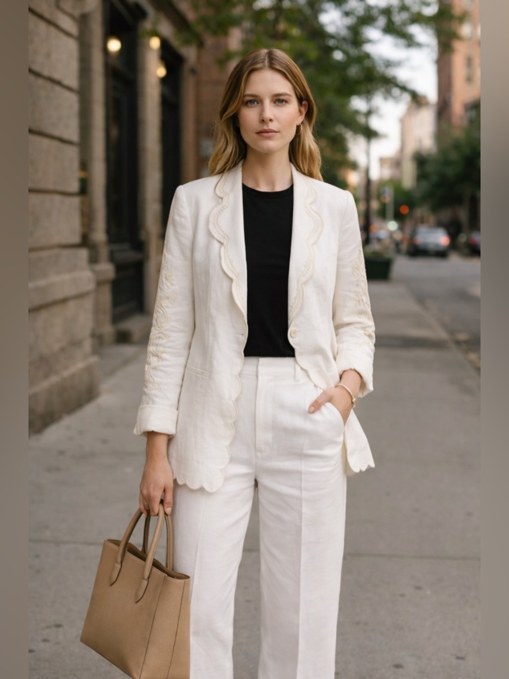 Joie Cream-White Embroidered Linen‎ Blazer